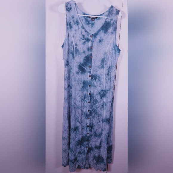 Flower Blue Tie Dye Dress Free Size Embroidered Floral Stich Detail Button Front - Picture 8 of 8